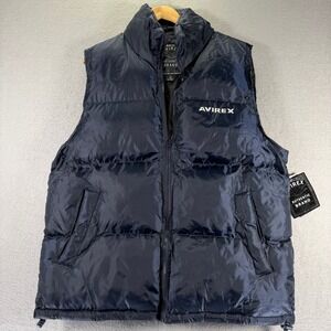 Vintage Avirex Mens Puffer Vest Sleeveless Jacket Full Zip Navy‎ Blue Y2K Medium